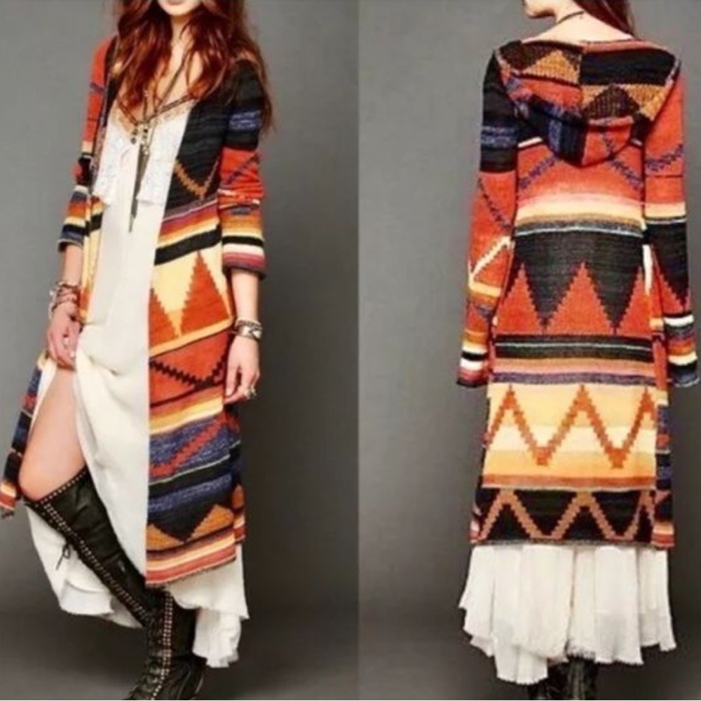 Free People Aztec Stripe Hooded Long Cardigan in Orange, Black, Cream